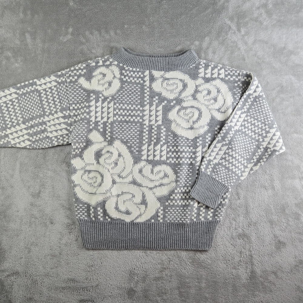 Vintage Beldoch Popper Sweater Womens Gray Trim White Floral Knit Long‎ Sleeve